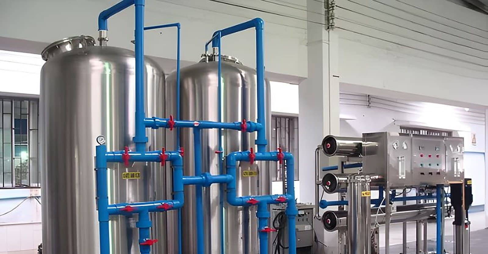 Stainless steel pressure vessels and reverse osmosis skid undergoing repair in a plant room